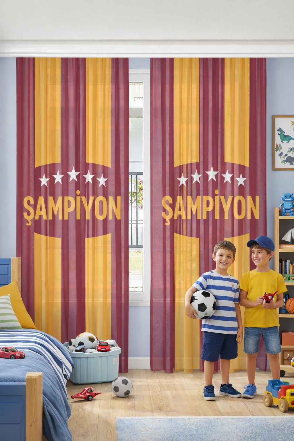 Sarı Kırmızı Çift Kanatlı Çocuk Odası Tül Perde