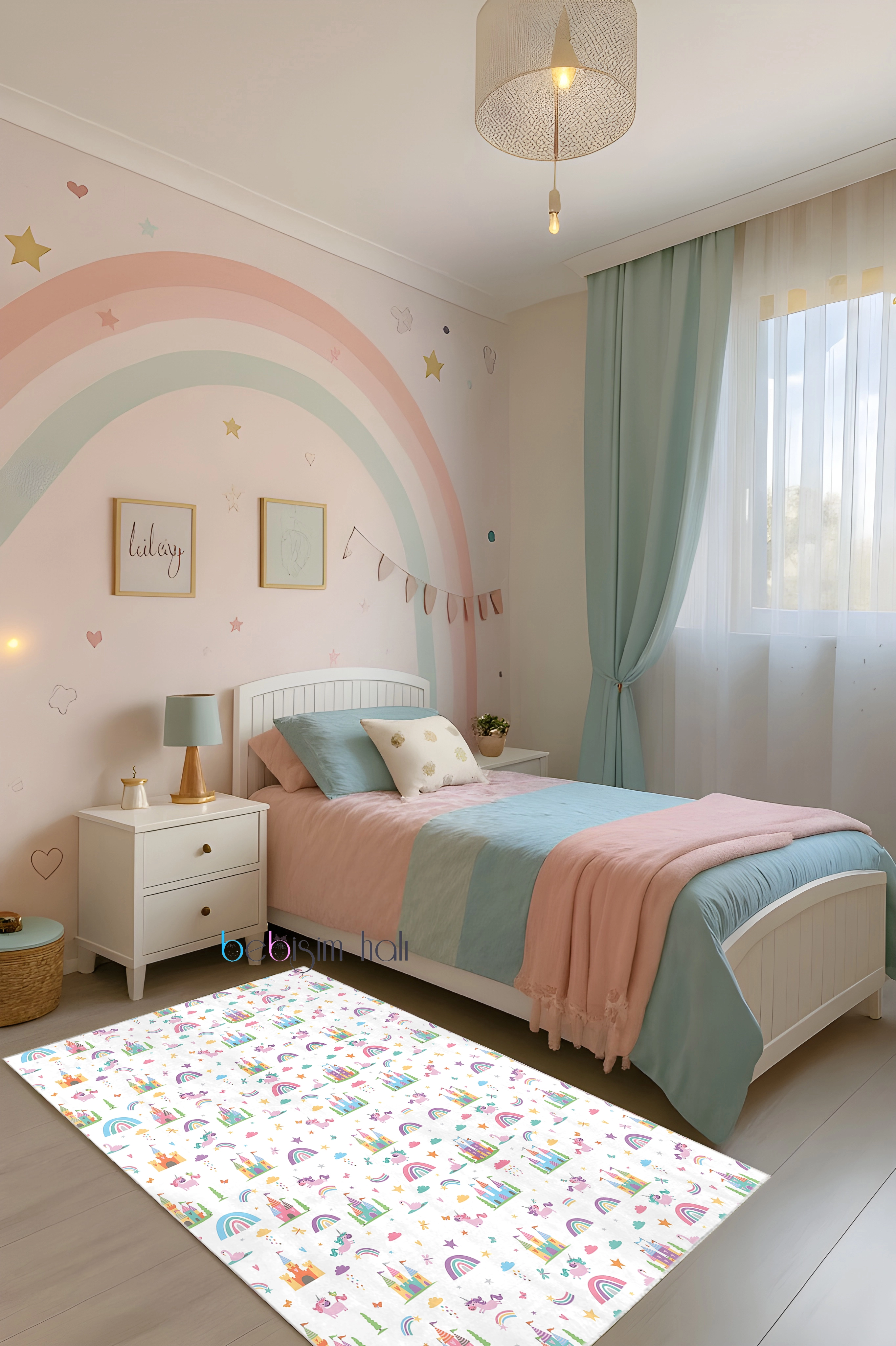 Hayal Şatosu Gökkuşağı Unicorn Bambu Çocuk Odası Halısı
