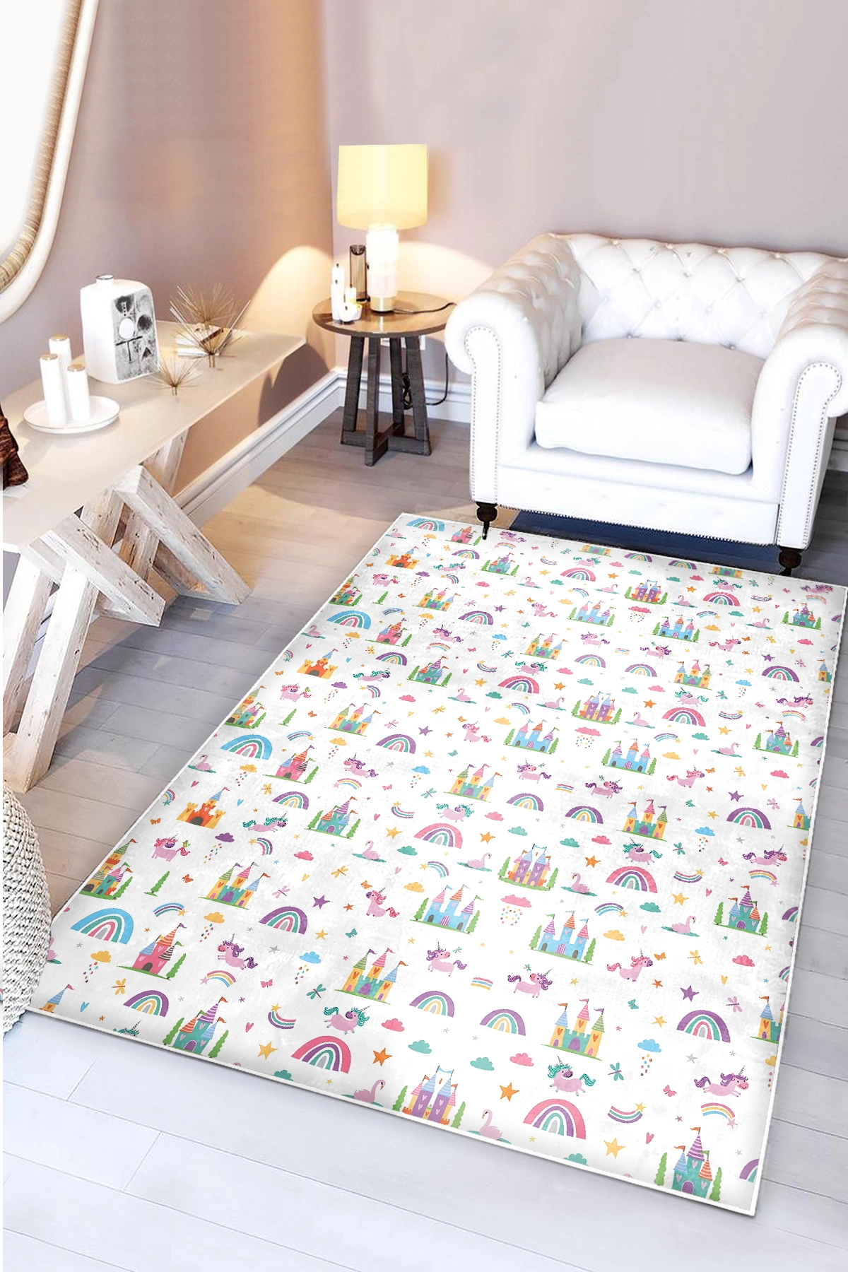 Hayal Şatosu Gökkuşağı Unicorn Bambu Çocuk Odası Halısı