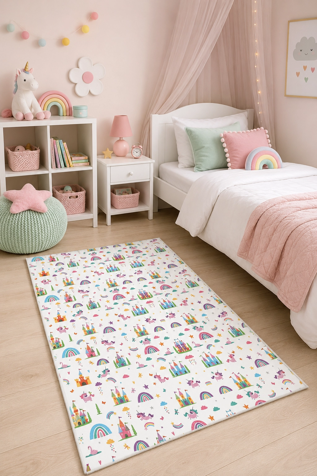 Renkli Unicorn Şato ve Gökkuşağı Desenli Çocuk Odası Halısı