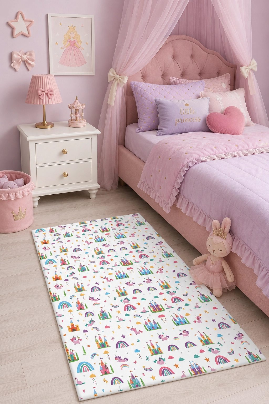 Renkli Unicorn Şato ve Gökkuşağı Desenli Çocuk Odası Halısı