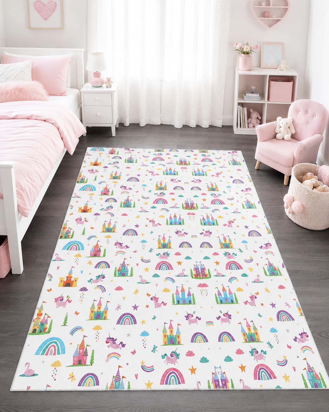 Renkli Unicorn Şato ve Gökkuşağı Desenli Çocuk Odası Halısı