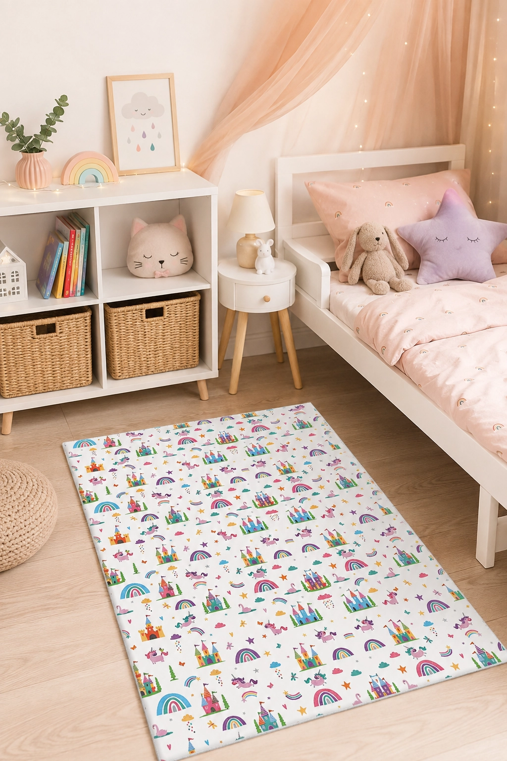 Renkli Unicorn Şato ve Gökkuşağı Desenli Çocuk Odası Halısı