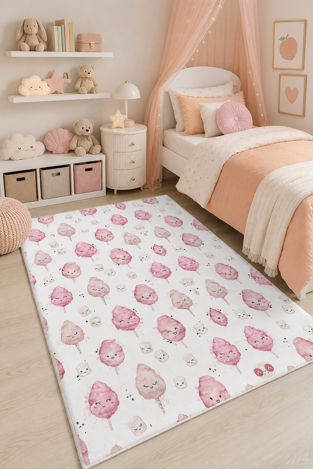 Pembe Pamuk Şeker Desenli Çocuk Odası Halısı