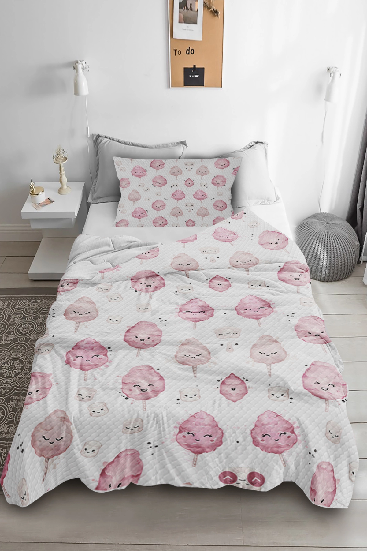 Pamuk Şeker Rüyası Tatlı Temalı Tek Kişilik Pike Yastık Kılıflı