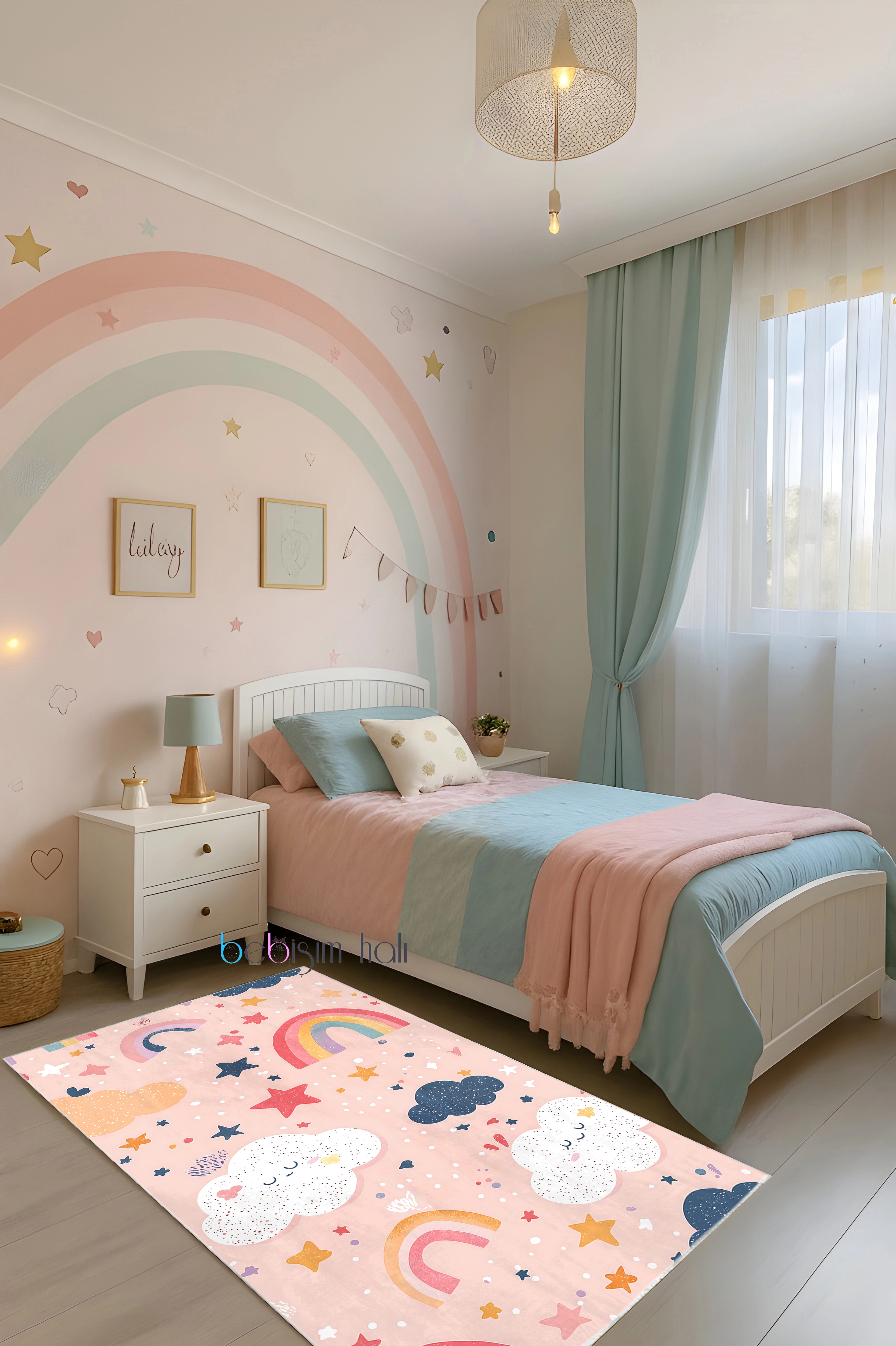 Renkli Hayaller Gökkuşağı Bulut Bambu Çocuk Odası Halısı