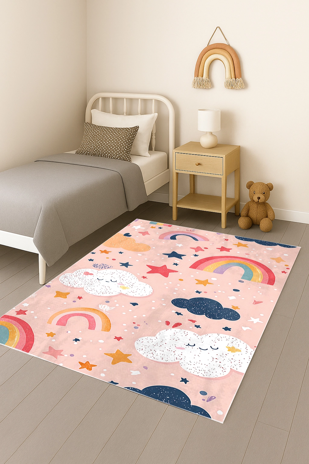 Renkli Hayaller Gökkuşağı Bulut Bambu Çocuk Odası Halısı