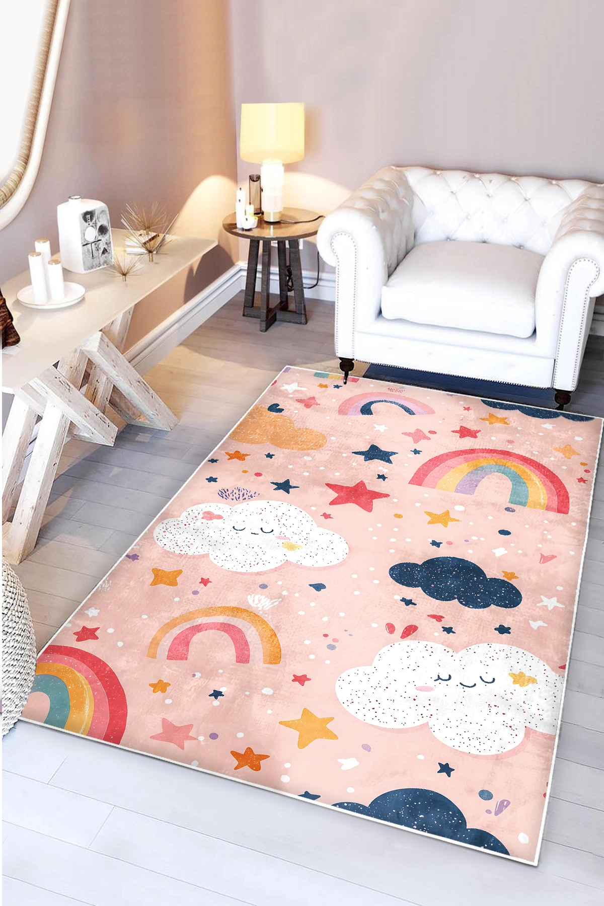 Renkli Hayaller Gökkuşağı Bulut Bambu Çocuk Odası Halısı