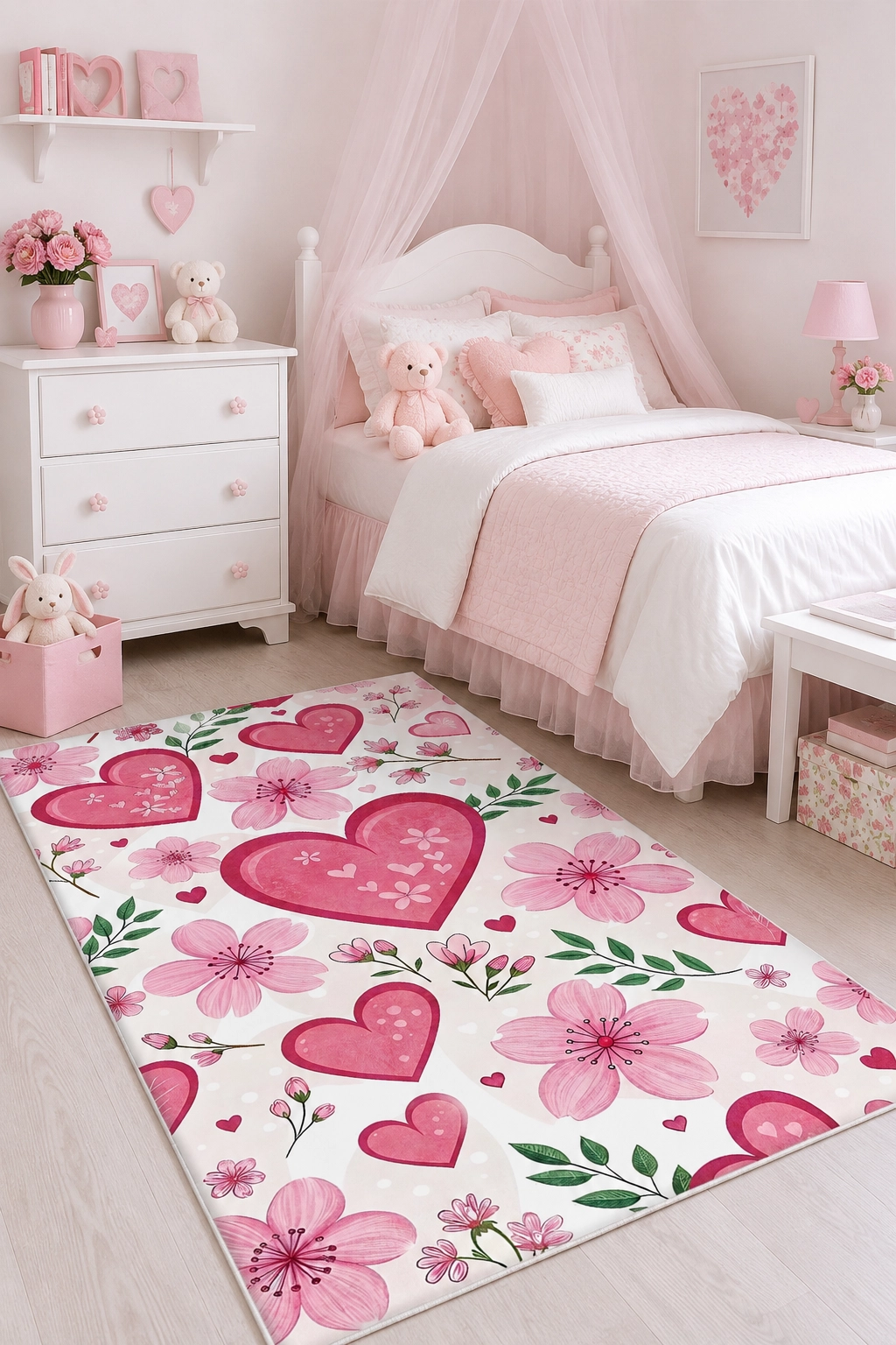 Pembe Kalp ve Çiçek Bahçesi Kız Çocuk Odası Halısı