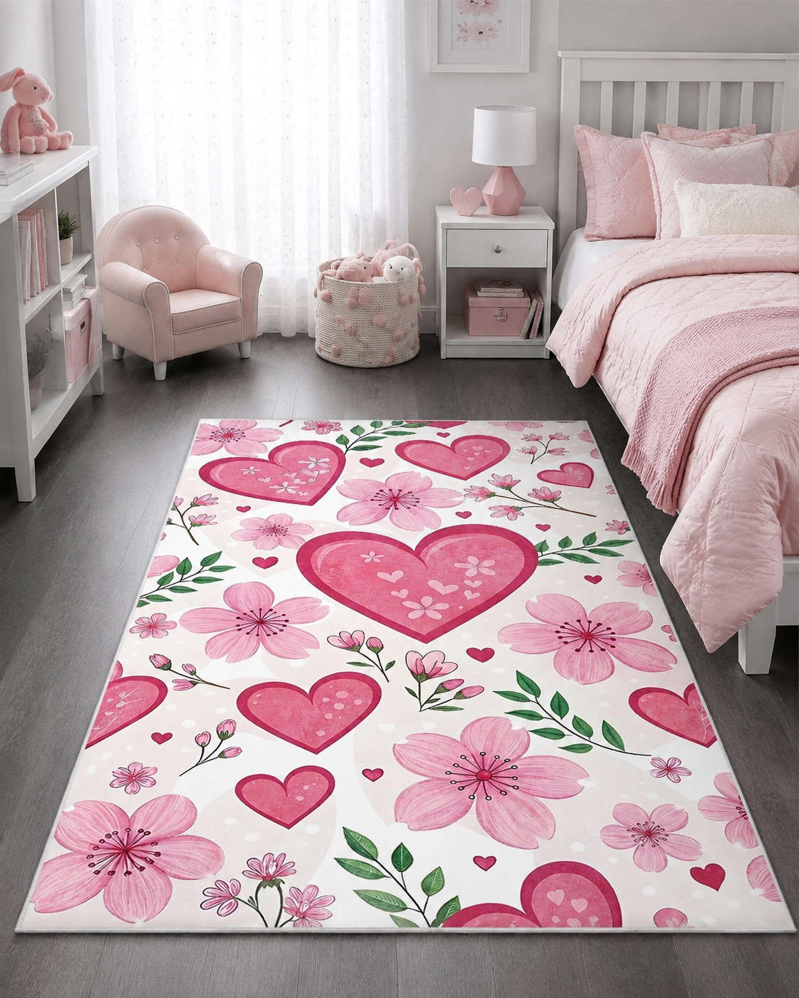 Pembe Kalp ve Çiçek Bahçesi Kız Çocuk Odası Halısı