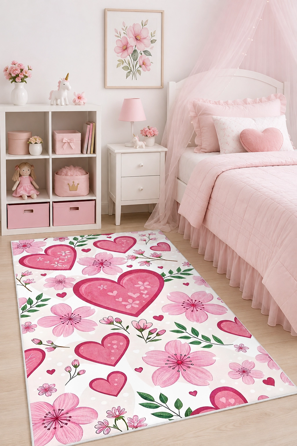 Pembe Kalp ve Çiçek Bahçesi Kız Çocuk Odası Halısı