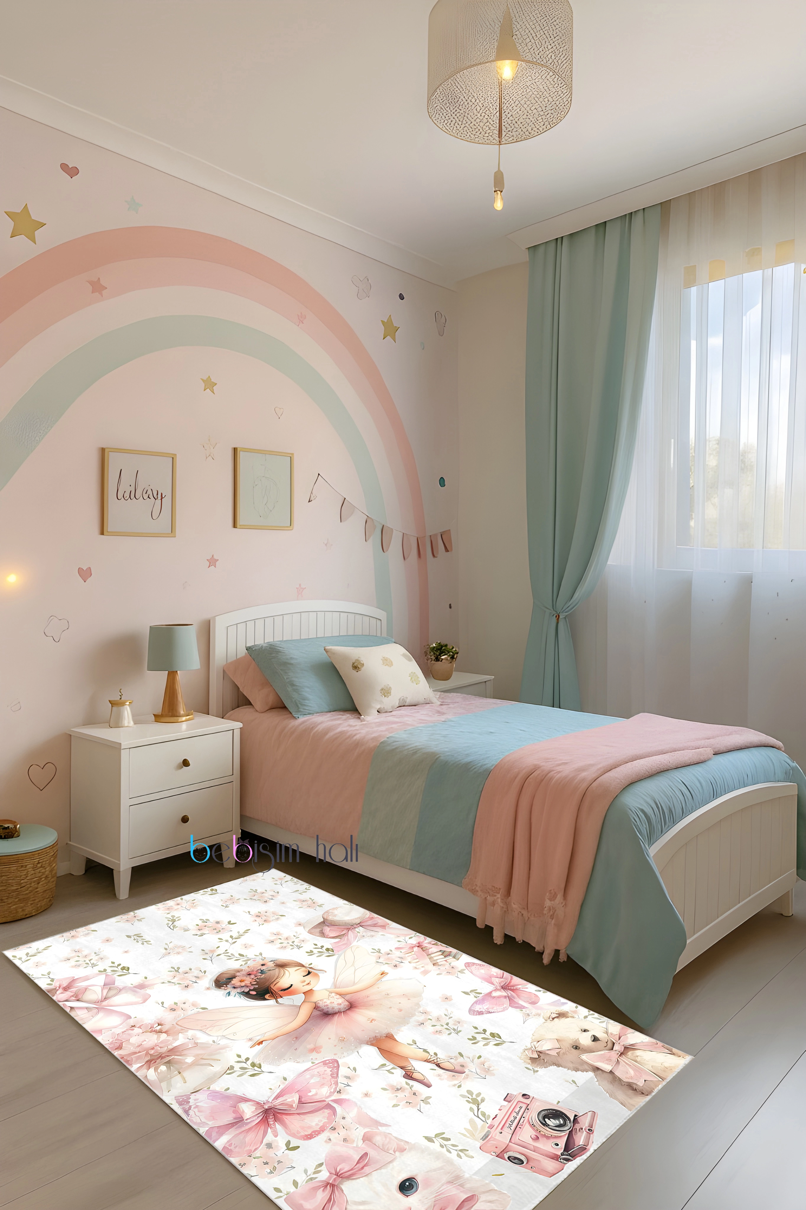 Pembe Balerin Peri Kedili Bambu Çocuk Odası Halısı
