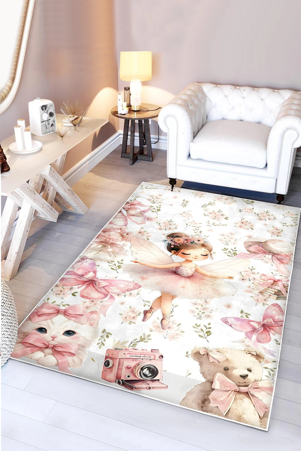 Pembe Balerin Peri Kedili Bambu Çocuk Odası Halısı