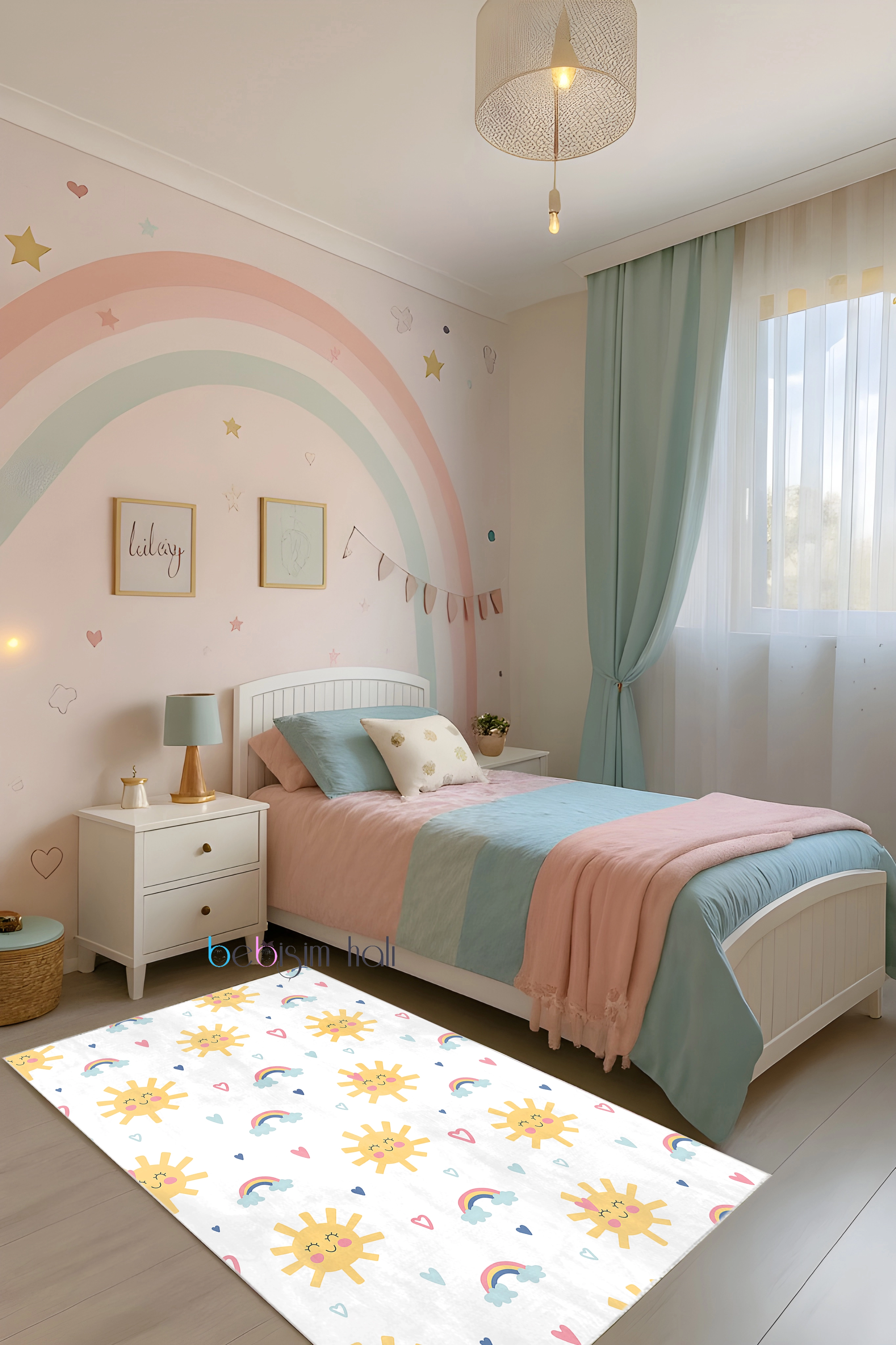 Güneş ve Kalpli Bambu Çocuk Odası Halısı