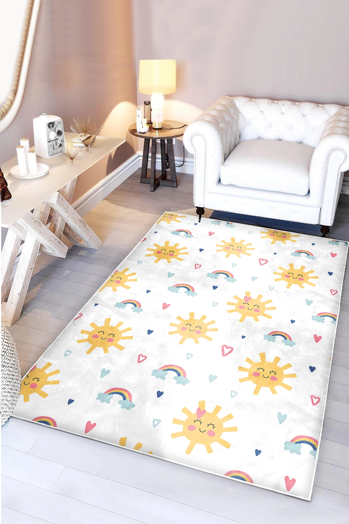Güneş ve Kalpli Bambu Çocuk Odası Halısı