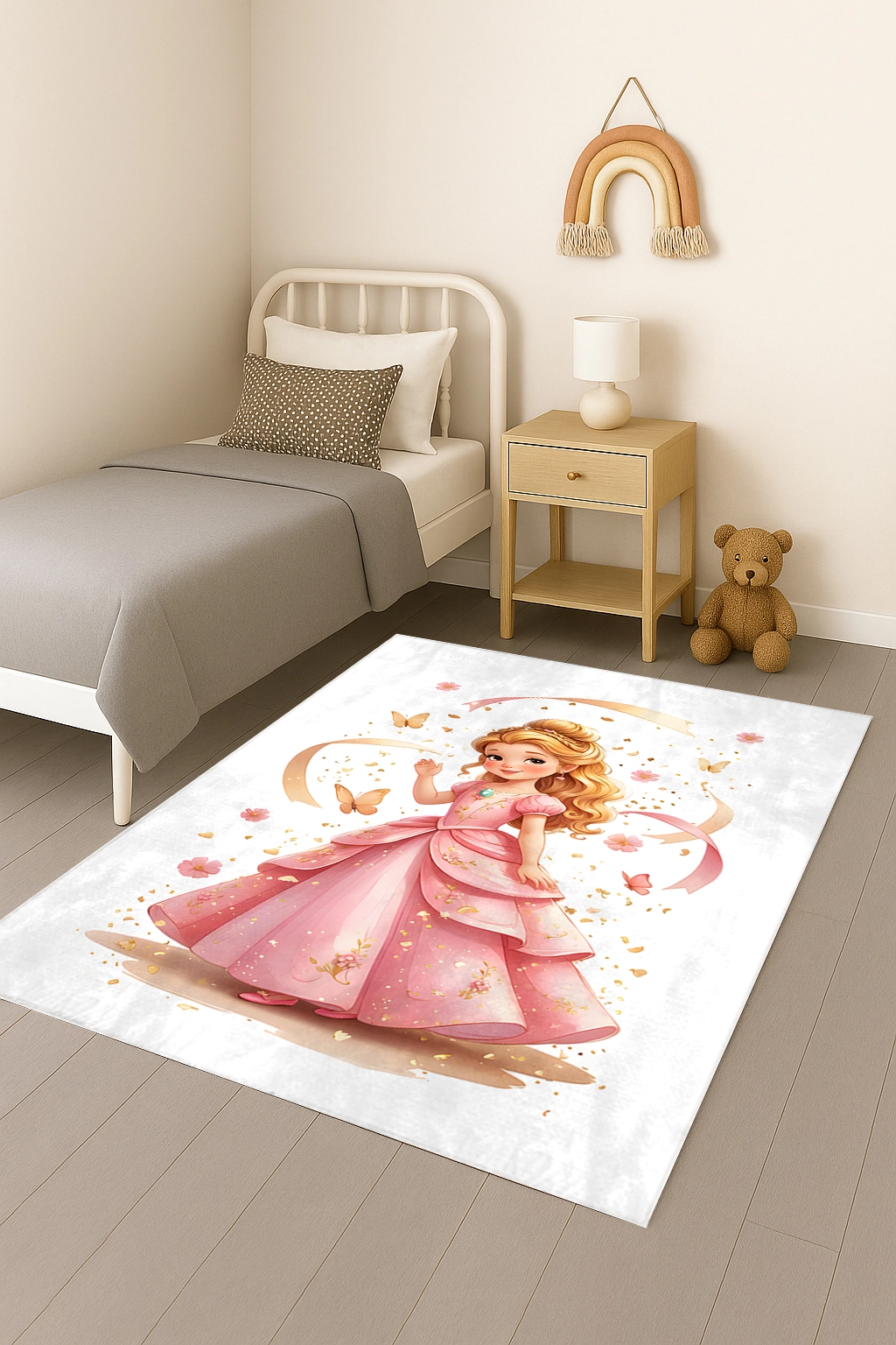 Pembe Prenses Kelebekli Bambu Çocuk Odası Halısı