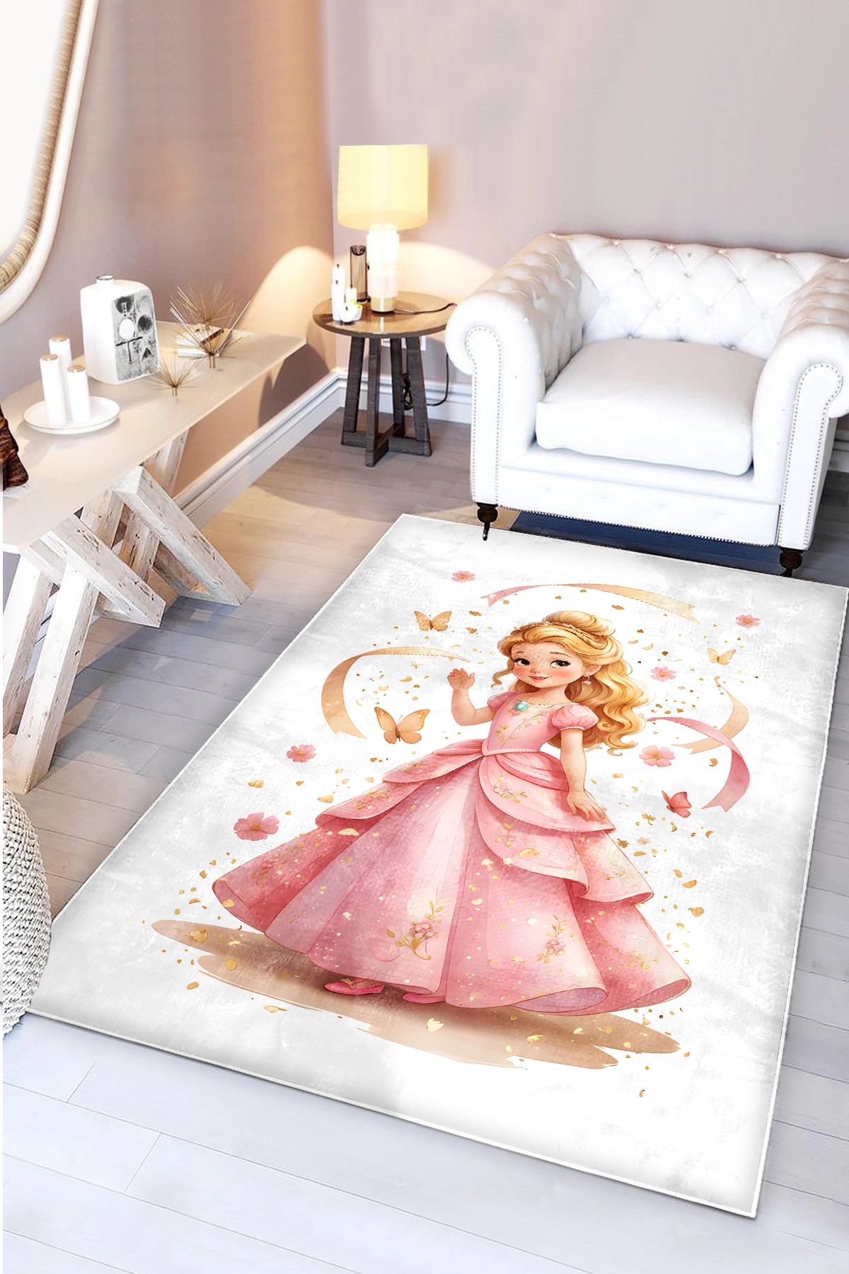 Pembe Prenses Kelebekli Bambu Çocuk Odası Halısı