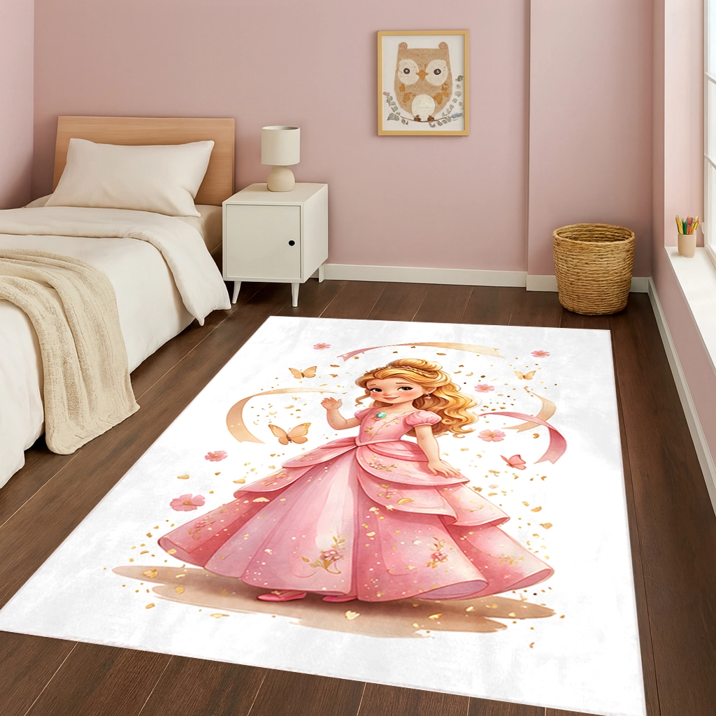 Pembe Prenses Kelebekli Bambu Çocuk Odası Halısı