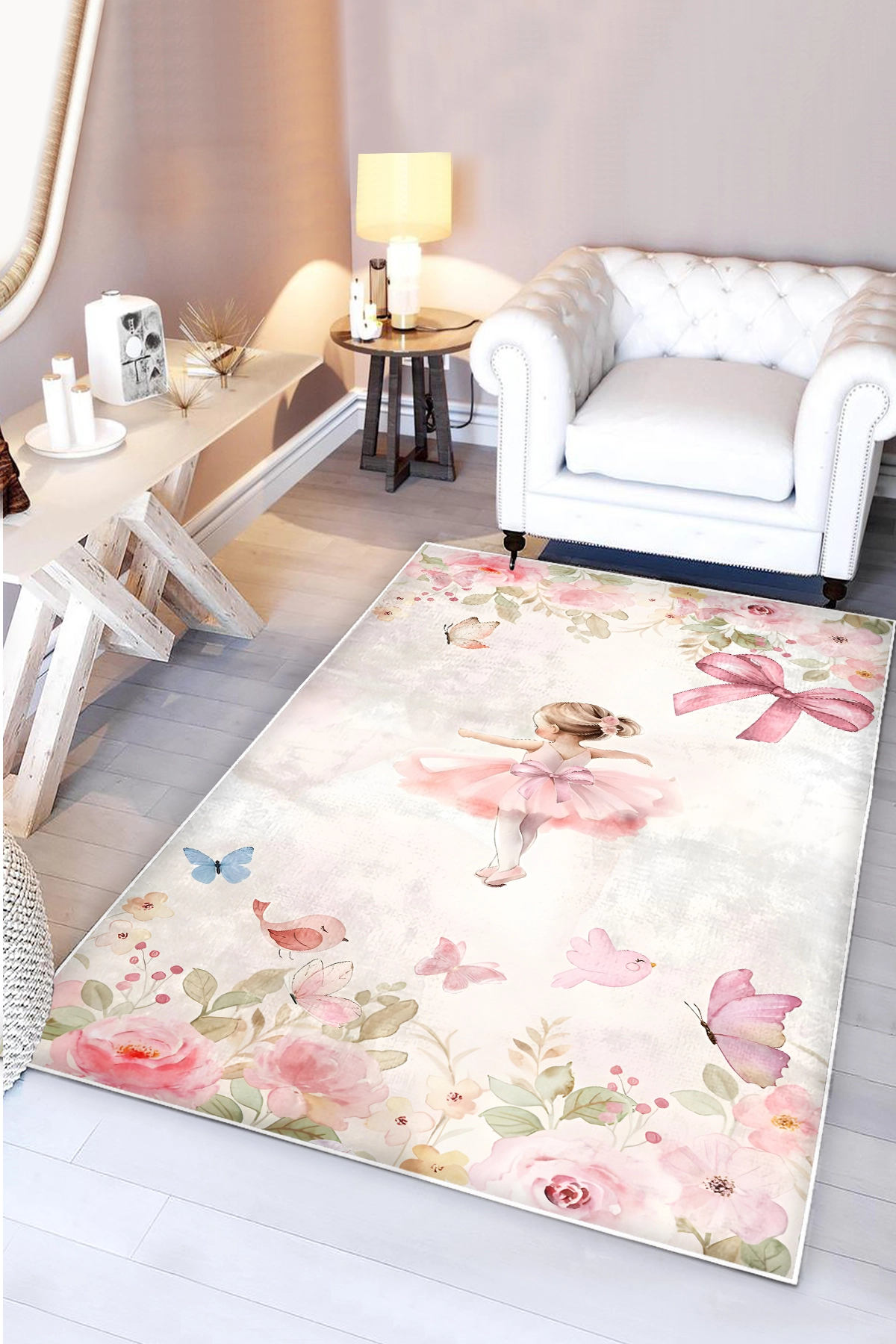 Balerin Kelebek ve Çiçekli Bambu Çocuk Odası Halısı