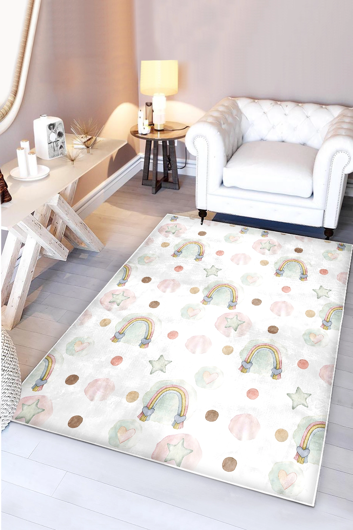 Gökkuşağı Bulut Bambu Çocuk Odası Halısı