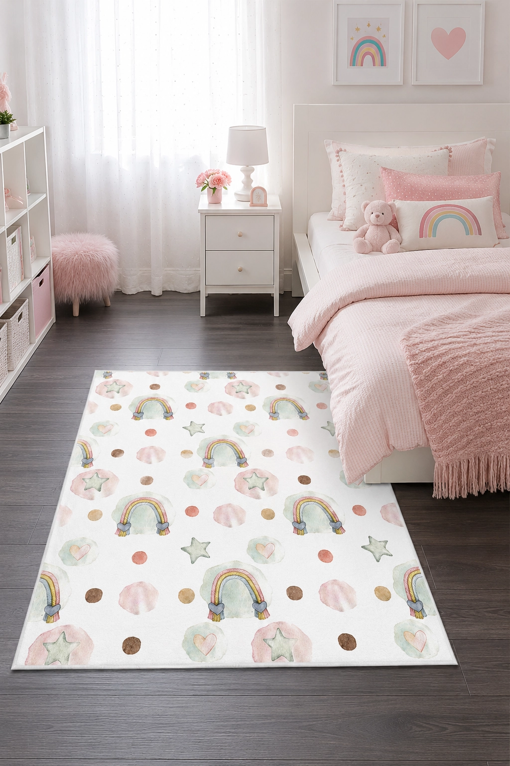 Pastel Gökkuşağı Yıldız Kalp Desenli Çocuk Odası Halısı