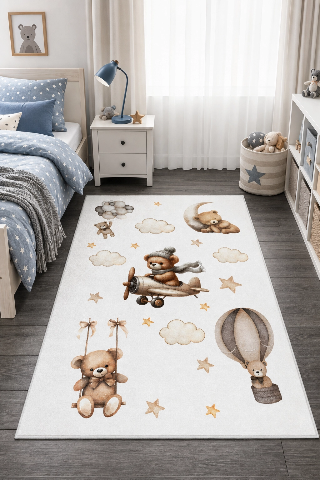 Uçan Ayıcık Uçak Balon Desenli Çocuk Odası Halısı