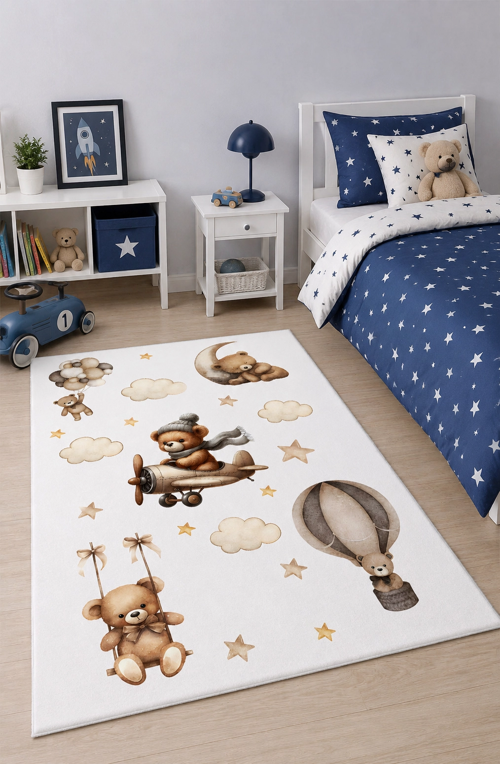 Uçan Ayıcık Uçak Balon Desenli Çocuk Odası Halısı
