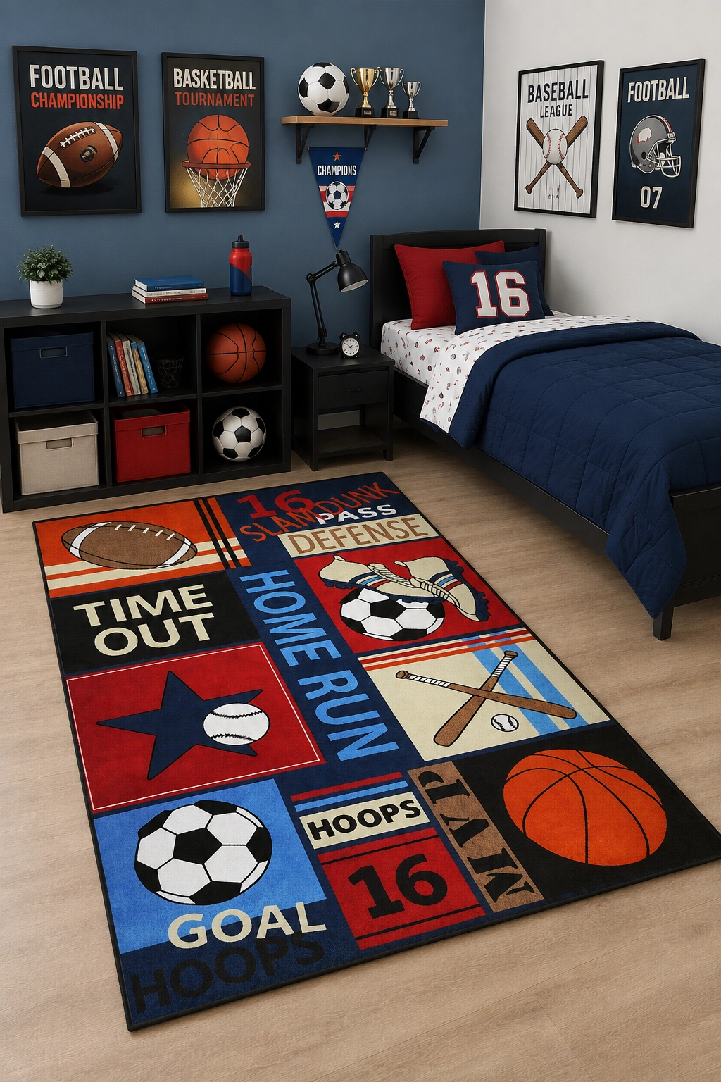 Futbol Basketbol ve Spor Desenli Erkek Çocuk Odası Halısı