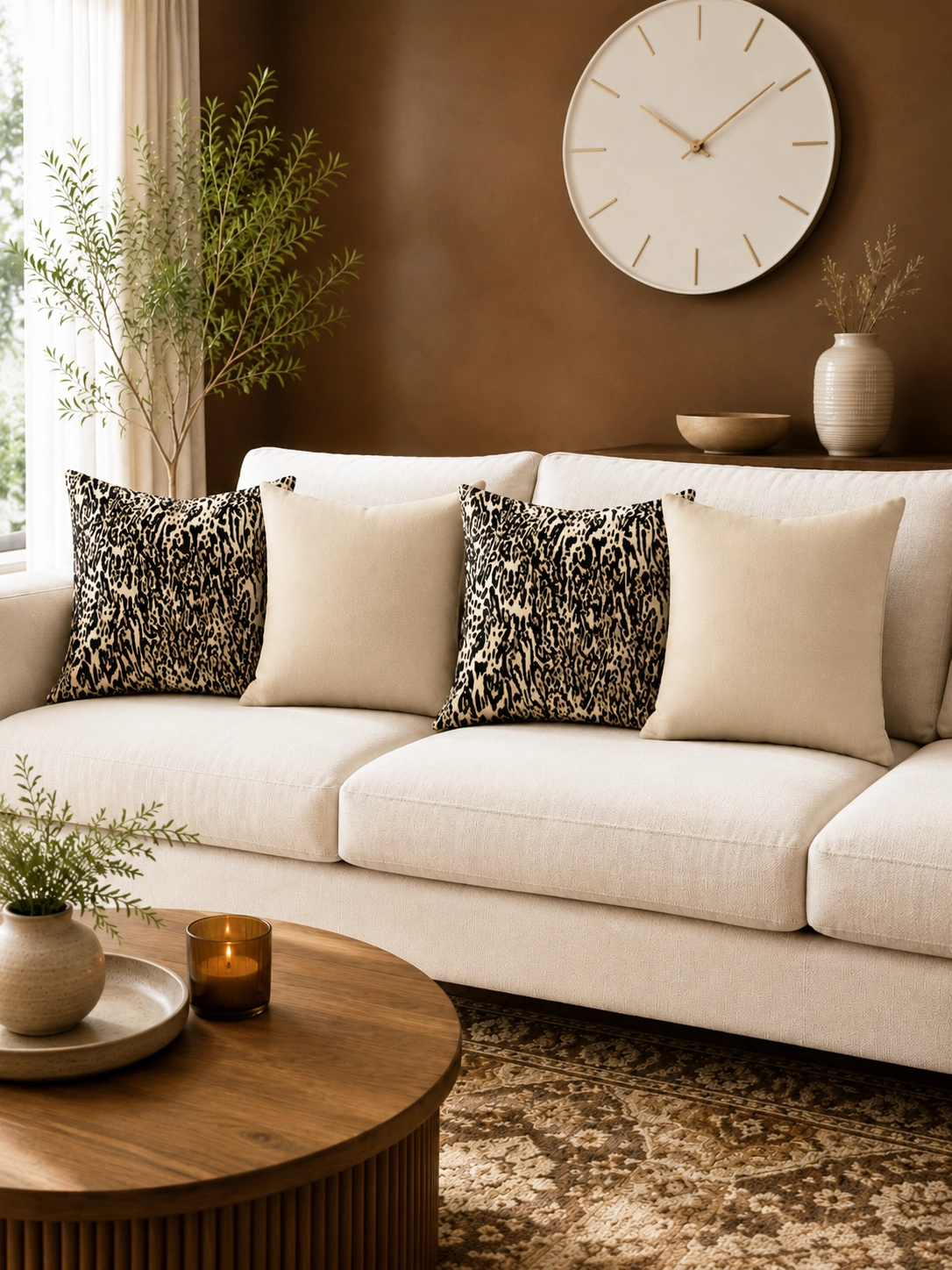 Siyah Bej Leopar Runner ve 4’lü Kırlent Kılıfı Seti Modern Dekoratif Yastık