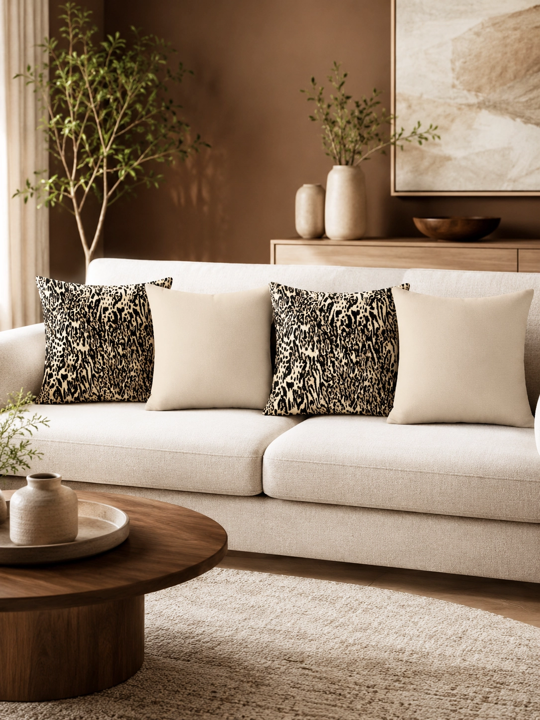 Siyah Bej Leopar Runner ve 4’lü Kırlent Kılıfı Seti Modern Dekoratif Yastık