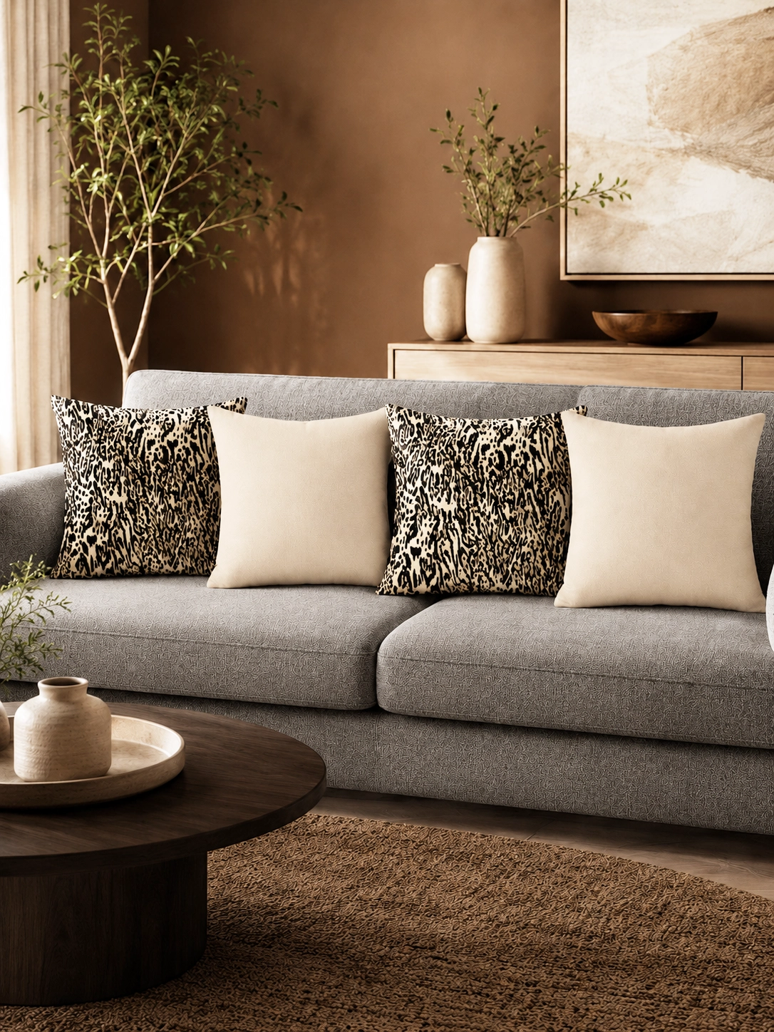 Siyah Bej Leopar Runner ve 4’lü Kırlent Kılıfı Seti Modern Dekoratif Yastık