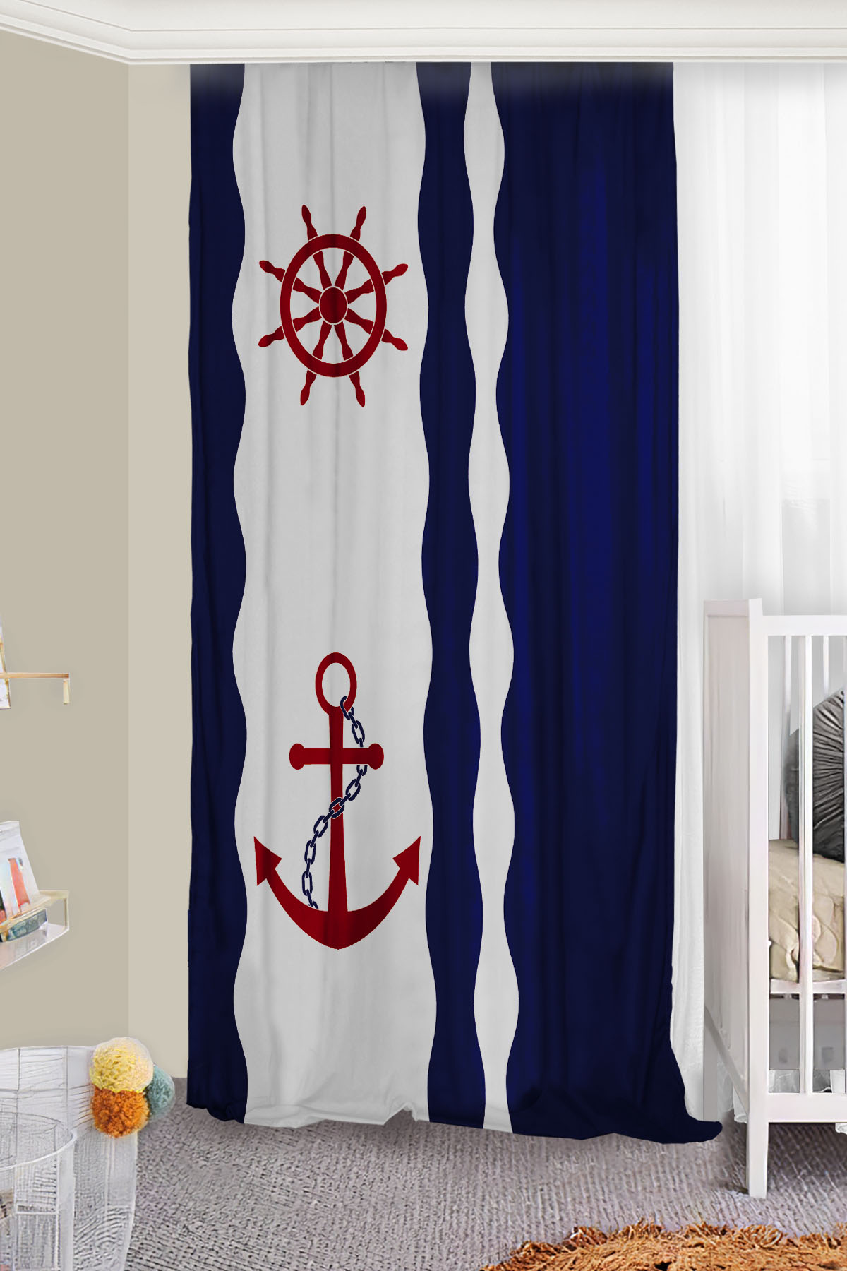 Denizci Dümen Çift Kanatlı Çocuk Odası Fon Perde