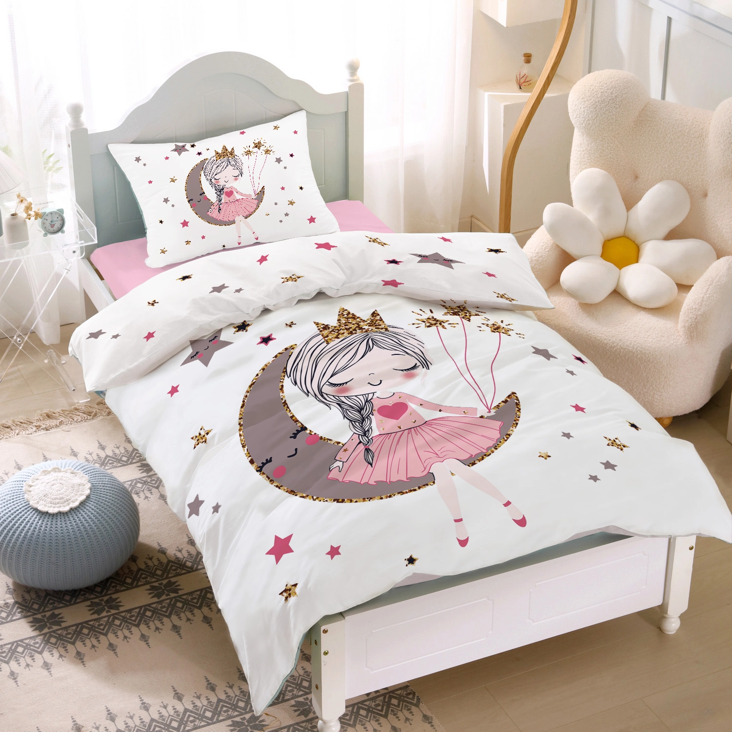 Beyaz Zeminli Pırıltı Prenses Çocuk Odası Halısı