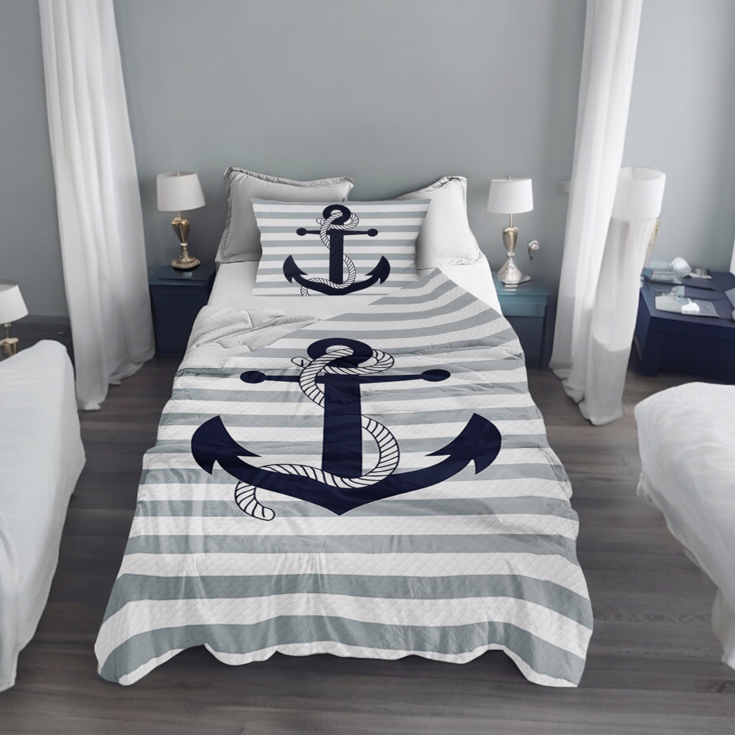 Denizci Çapa Tek Kişilik Pike (Yastık Kılıflı)