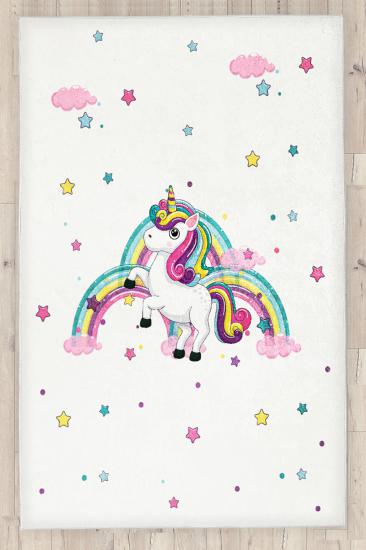 Gökkuşağı Unicorn Yıldız Ve Bulutlu Çocuk Odası Halısı