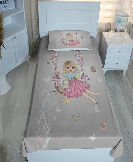Prenses Peri Kız Kelebeklli Çiçekli Yatak Örtüsü & Pike
