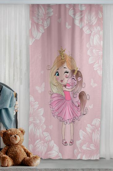 Prenses Kız Pony Çift Kanatlı Çocuk Odası Fon Perde