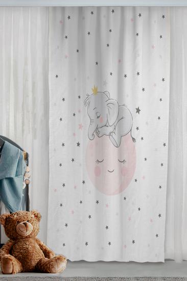 Sevimli Uyuyan Fil Ve Yıldızlar Çift Kanatlı Çocuk Odası Fon Perde