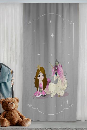 Prenses Kız ve Pony Çift Kanatlı Çocuk Odası Fon Perde