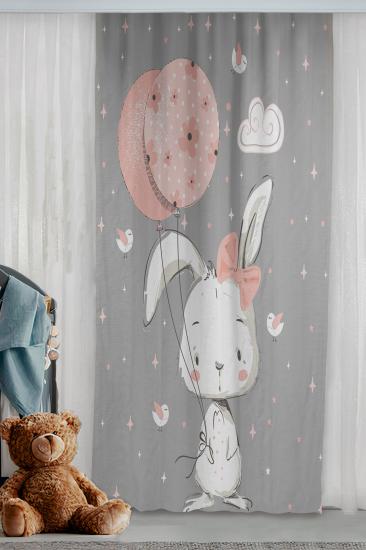 Balon Tutan Sevimli Tavşan Kuş Ve Yıldızlar Çift Kanatlı Çocuk Odası Fon Perde
