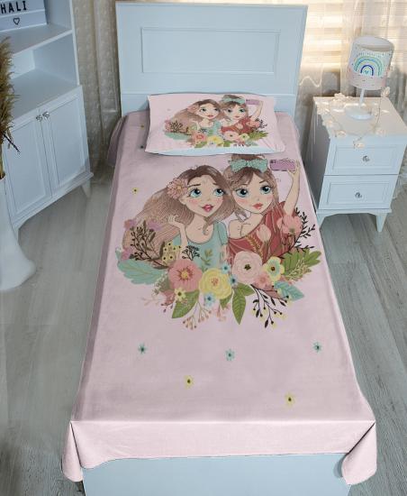 Sevimli Prenses Kızlar Çiçek Desenli Yatak Örtüsü & Pike