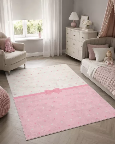 Pembe Fiyonklu Bambu Çocuk Odası Halısı