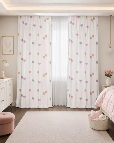 Uçan Balon Kalp Çift Kanatlı Çocuk Odası Fon Perde
