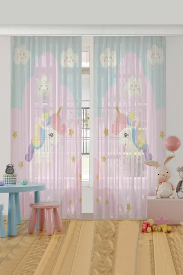 Sevimli Unicorn Çift Kanatlı Çocuk Odası Tül Perde