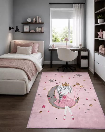Prenses Kız Pembe Bambu Çocuk Odası Halısı