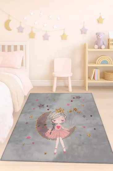 Prenses Kız Gri Bambu Çocuk Odası Halısı