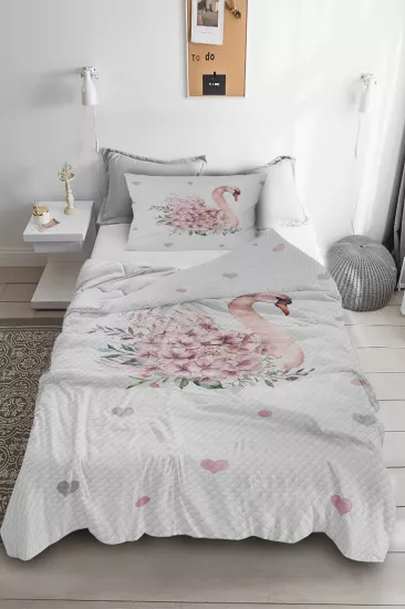 Kalpli Sevimli Kuğu Tek Kişilik Çocuk Pike Yastık Kılıflı