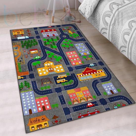 Eğitici Yol Araba Şehir Desenli Çocuk Odası Halısı