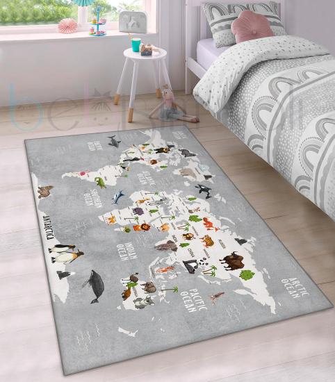 Eğitici Harita Hayvanlar Desenli Çocuk Odası Halısı