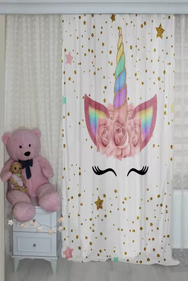 Sevimli Unicorn Çift Kanat Çocuk Odası Fon Perde